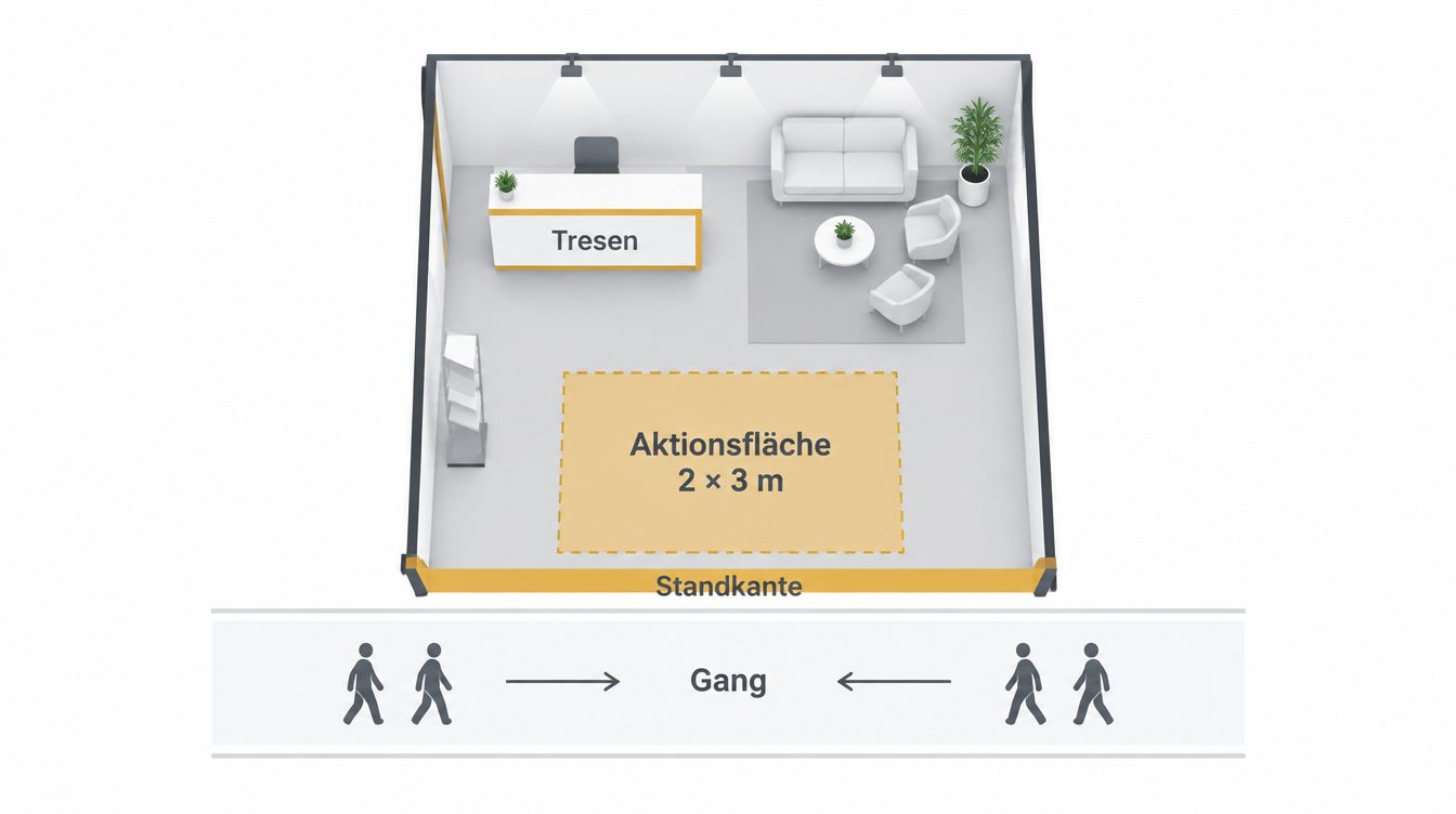 Skizze eines Messestands mit freier Aktionsfläche von 2 × 3 Metern an der Standkante