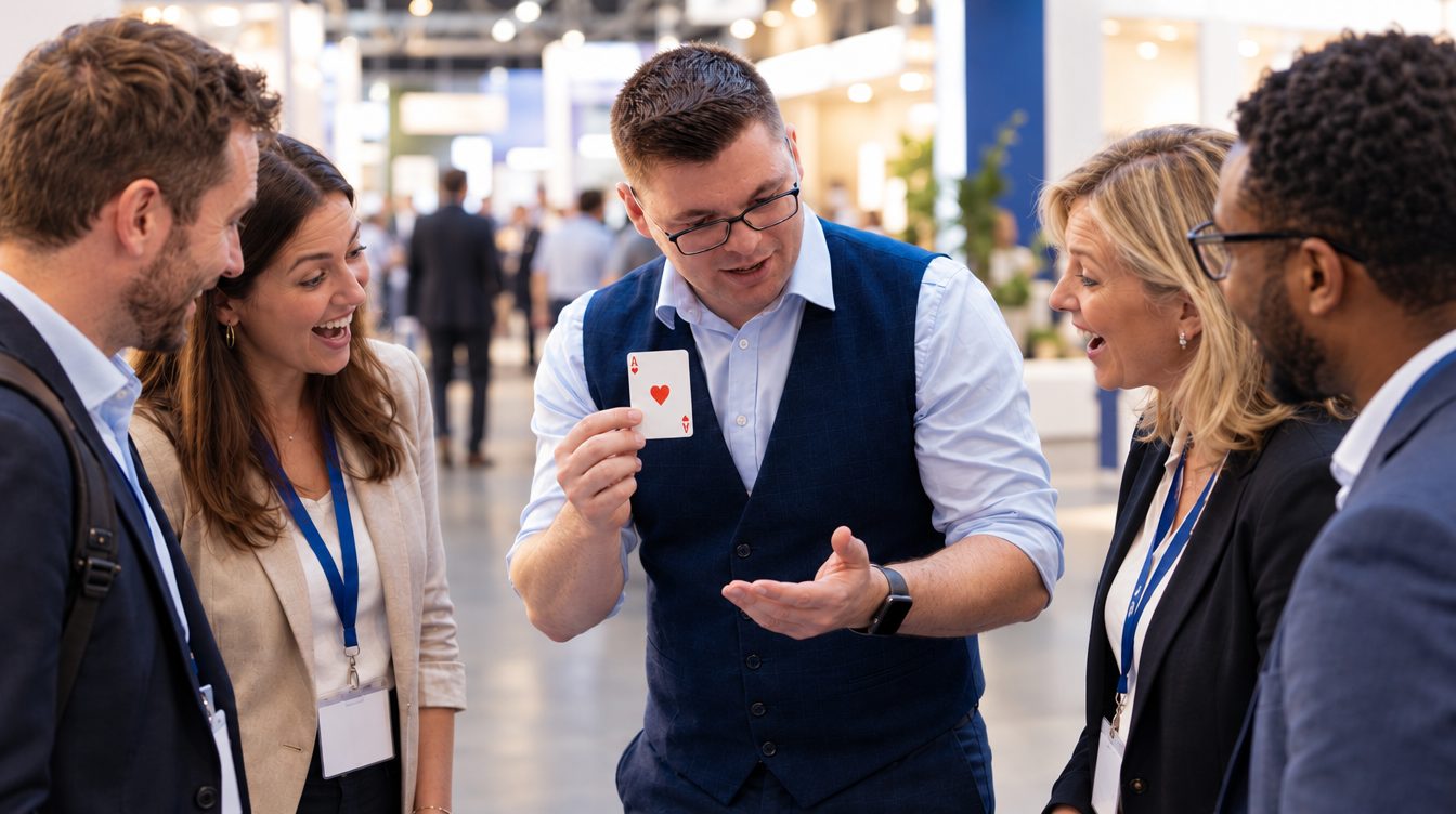 Messezauberer Sven Wengerter zeigt einer Besuchergruppe am Messestand das Herz-Ass