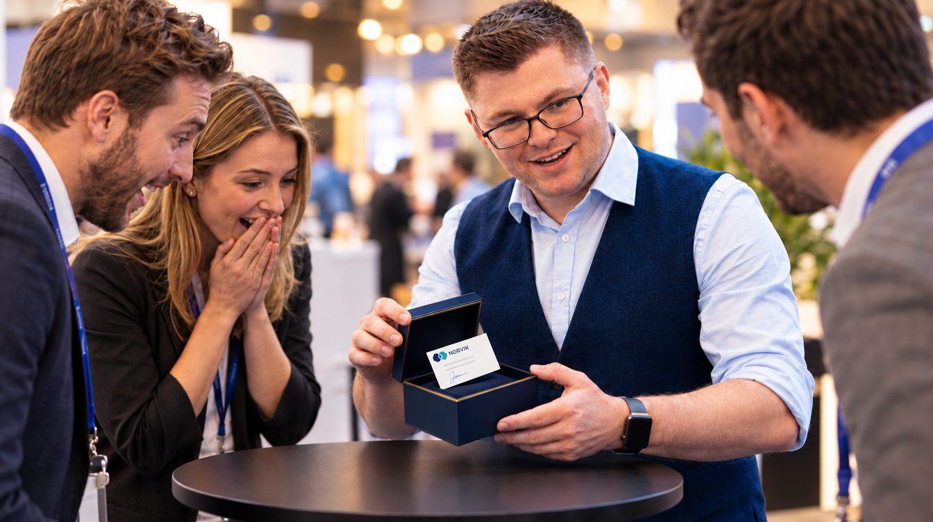 Messezauberer Sven Wengerter lässt die unterschriebene Visitenkarte einer Besucherin in einer Produktverpackung erscheinen